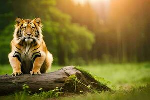 ein Tiger Sitzung auf ein Log im das Mitte von ein Wald. KI-generiert foto