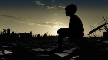 Silhouette von ein Junge Sitzung im ein Platz wo er hätten seine Zuhause jetzt es ist zerstört. Sitzung mit Traurigkeit. ai generiert foto