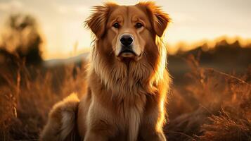 golden Retriever mit ein modisch Löwen Mähne schneiden, posieren im ein Feld foto