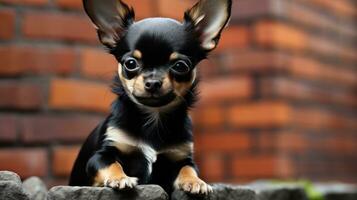 Chihuahua mit ein spunkig und Spaß Mohawk schneiden, Stehen auf ein Backstein Mauer foto