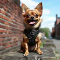 Chihuahua mit ein spunkig und Spaß Mohawk schneiden, Stehen auf ein Backstein Mauer foto