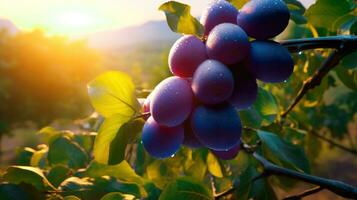 Pflaume pflücken im das Morgen ein fruchtbar Abenteuer mit köstlich Pflaumen ai generiert foto