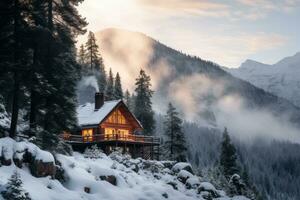 Fantastisch Winter Landschaft mit hölzern Haus im schneebedeckt Berge. Weihnachten und Winter Urlaube Urlaub Konzept. generativ ai foto