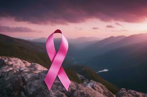 KI-generiert Bild Brust Krebs Bewusstsein Monat Rosa Band auf Berg foto
