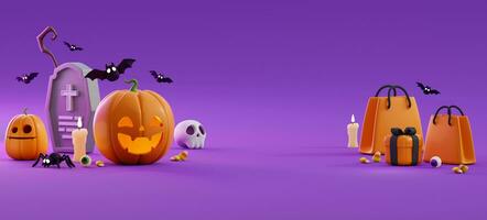 Halloween Beförderung Poster oder Banner Vorlage mit Halloween Kürbis Geist, Süßigkeiten, Fledermaus, Spinne und Halloween elements.website Banner im 3d Stil zum Poster oder Gruß Karte.3d machen Illustration foto