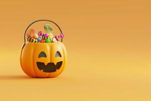 Halloween Hintergrund Vorlage mit Halloween Kürbis Eimer und Candy.website Banner im 3d Stil zum Poster oder Gruß Karte.3d machen Illustration foto