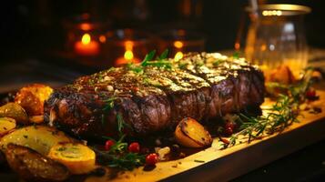 Steak Nacht Feier mit geliebt Einsen kulinarisch Glückseligkeit und festlich Atmosphäre ai generiert foto