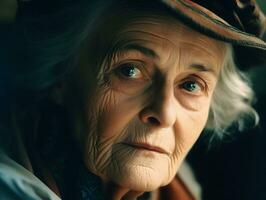 fesselnd Porträt von ein atemberaubend Alten Frau mit Weiß Haar und faszinierend Blau Augen. generativ ai. foto
