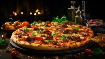 Pizza Delikatesse ein aromatisch und käsig Pizza mit ein Fleisch Extravaganz ai generiert foto