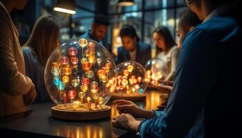 ein froh Familie Arbeiten zusammen, beleuchtet durch glühend Weihnachten Beleuchtung generiert durch ai foto