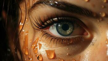 kaukasisch Frau Auge, Makro Schönheit, suchen beim Kamera, nass fallen generiert durch ai foto