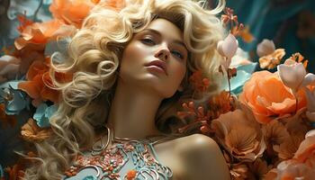 schön blond Frau mit lockig Haar, posieren im Natur Eleganz generiert durch ai foto