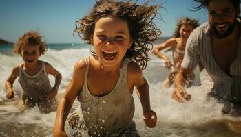 Spaß, lächelnd Mädchen genießen spielerisch Sommer- Urlaube, planschen und Lachen zusammen generiert durch ai foto