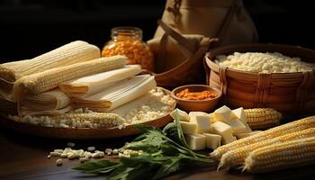 Frische und Gourmet Mahlzeit auf ein hölzern Tisch, gesund Essen generiert durch ai foto