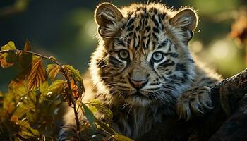 süß Tiger im das wild, gestreift Fell, starren beim Kamera generiert durch ai foto