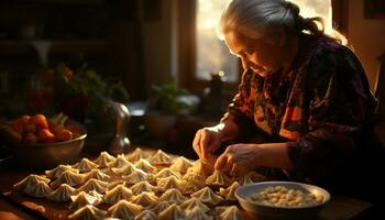 Frauen Backen hausgemacht Kekse im ein Süss Küche, genießen ihr Kunst generiert durch ai foto