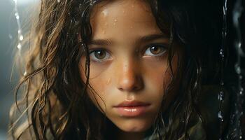 ein süß Kind mit braun Haar suchen beim Kamera im Regen generiert durch ai foto