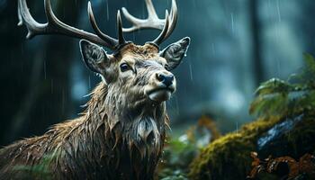 ein majestätisch Hirsch Blicke beim das still Teich im Herbst generiert durch ai foto