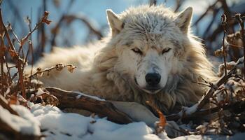 ein majestätisch grau Wolf sitzt im das schneebedeckt Wald generiert durch ai foto