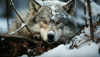 ein süß Wolf im das Schnee, suchen beim das Kamera generiert durch ai foto
