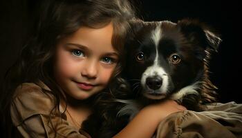 süß Hund, reinrassig Welpe, lächelnd Kind, Umarmen Liebe, froh Zusammengehörigkeit generiert durch ai foto