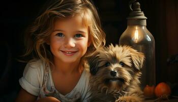 ein süß klein Hund und ein lächelnd Kind Umarmung glücklich generiert durch ai foto