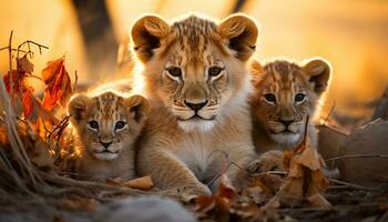 afrikanisch Löwe Jungtier spielen im das Gras, Erfassen Natur Schönheit generiert durch ai foto