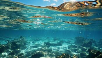 unter Wasser Fisch Schwimmen im transparent tropisch Riff, ein Sommer- Abenteuer generiert durch ai foto