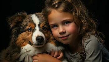 süß Hund, klein Kind, lächelnd, suchen, Freundschaft, reinrassig Hündchen generiert durch ai foto