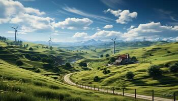 Wind Turbinen generieren nachhaltig Leistung im ein ländlich Landschaft Szene generiert durch ai foto