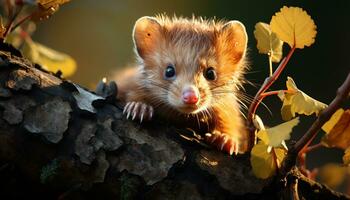 süß klein Säugetier spielen im das Herbst Wald, flauschige Pelz generiert durch ai foto