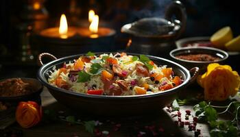 Frische auf ein Teller gesund Essen, Gourmet Salat, gekocht Vegetarier Essen generiert durch ai foto