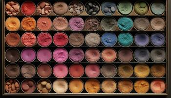ein beschwingt Sammlung von Farben im ein glänzend Metall Container generiert durch ai foto