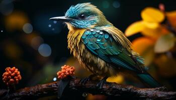 ein beschwingt Vogel sich niederlassen auf ein Ast im das tropisch Wald generiert durch ai foto