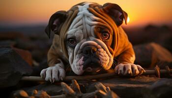 ein süß Bulldogge Hündchen Sitzung im das Gras, genießen Natur generiert durch ai foto