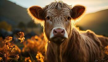 Kuh Weiden lassen im ein schön Wiese, gebadet im golden Sonnenlicht generiert durch ai foto