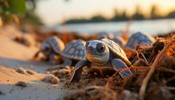 süß Schildkröte kriechen auf Sand, genießen tropisch Klima und Sonnenlicht generiert durch ai foto