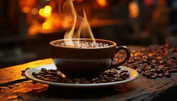 ein heiß Tasse von Kaffee auf ein hölzern Tisch, Dampf steigend generiert durch ai foto