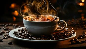 heiß Kaffee auf ein hölzern Tisch, Dampf steigend, einladend Frische generiert durch ai foto