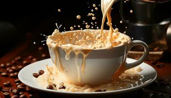 ein dämpfen Tasse von Gourmet Kaffee, Gießen mit schaumig Sahne generiert durch ai foto