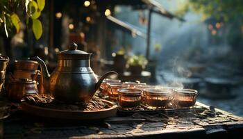 heiß Tee Dämpfe auf ein alt hölzern Tisch, Erwärmen Kulturen generiert durch ai foto
