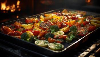 gegrillt Gemüse Platte, gesund Gourmet Mahlzeit gekocht auf Besetzung Eisen generiert durch ai foto