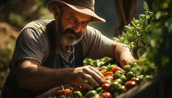 Landwirtschaft Mann Arbeiten, Ernte frisch organisch Gemüse im Natur generiert durch ai foto