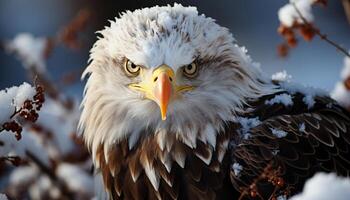 majestätisch kahl Adler sich niederlassen auf schneebedeckt Zweig, suchen beim Kamera generiert durch ai foto