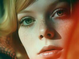 zauberhaft Porträt von ein schön rot behaart Frau mit fesselnd Licht Augen generativ ai Foto