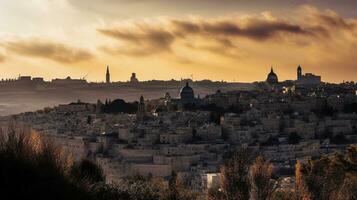 breit Aussicht von jerusalem beim Sonnenuntergang generativ ai foto