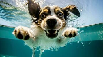 komisch Hund Springen in das Schwimmen Schwimmbad mit spritzt von Wasser. ai generiert foto