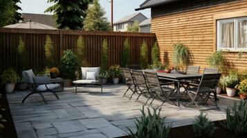 schön von modern Terrasse mit Deck Bodenbelag und Zaun, Grün eingetopft Blumen Pflanzen und draußen Möbel. gemütlich entspannend Bereich beim heim. generativ ai foto