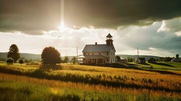 ein Weiß hölzern amerikanisch evangelisch Kirche im das Felder generativ ai foto