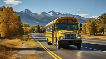 Herbst Reise. Schule Bus inmitten felsig Berg Pracht. generativ ai foto